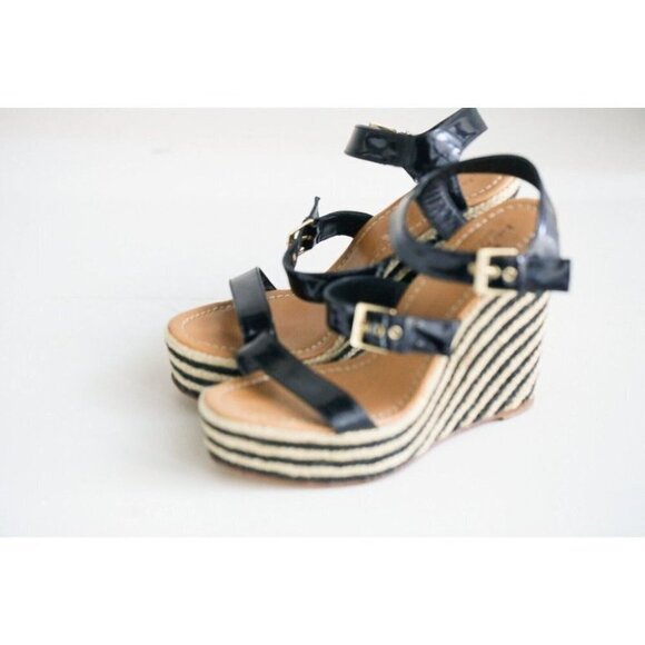 NEW Kate Spade Classic Black PAtent Leather Striped Wedge Espadrilles 10 - Picture 5 of 8
